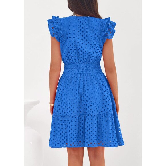 Women's Blue V Neck Eyelet Cap Sleeve Summer Beach Vacation Sundresseses - Picture 4 of 8